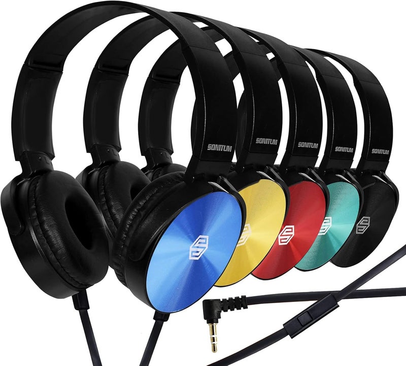 Sonitum Premium Classroom Headphone with Microphone (5 Pack) - Kids Wired Earphones with Mic for School Students K-12 & Teachers, Soft Swivel On Ear Pads- Perfect for E-Learning, Meetings, Calls -(Colorful) - Image 1